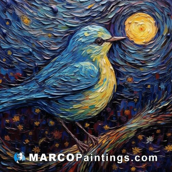 A painting of an blue bird sitting in the night