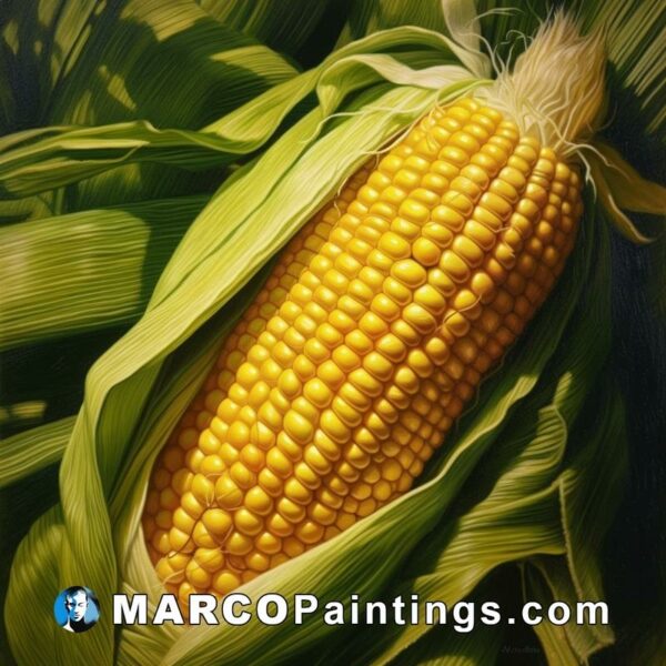 A painting of an ear of corn with green leaves