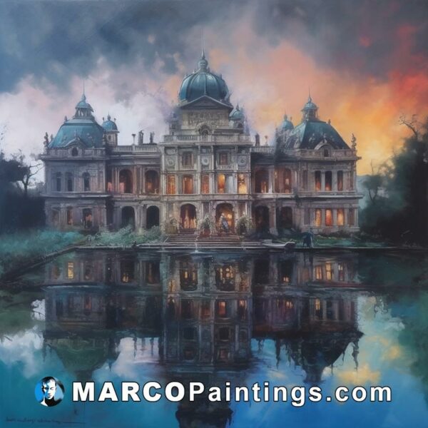 A painting of an elegant oldworld style château and its reflection with water in it