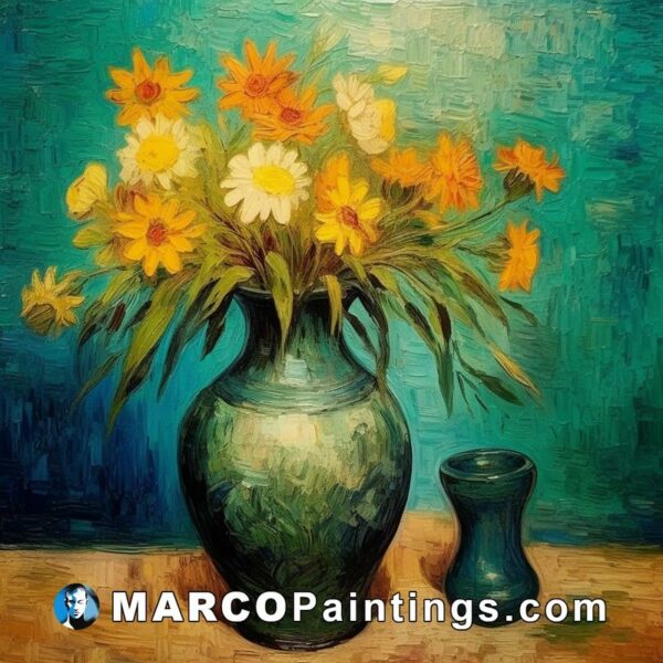 A painting of an empty vase and yellow flowers