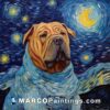 A painting of an english bulldog sitting in a starry sky