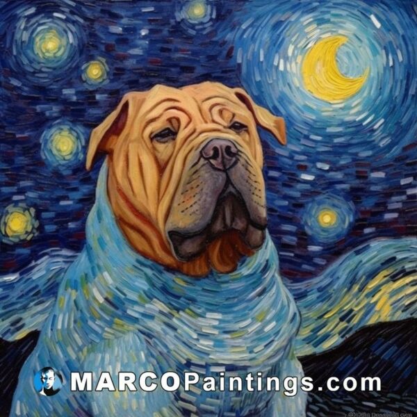 A painting of an english bulldog sitting in a starry sky