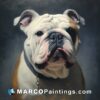 A painting of an english bulldog stares down at the camera