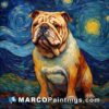 A painting of an english bulldog with stars on the background