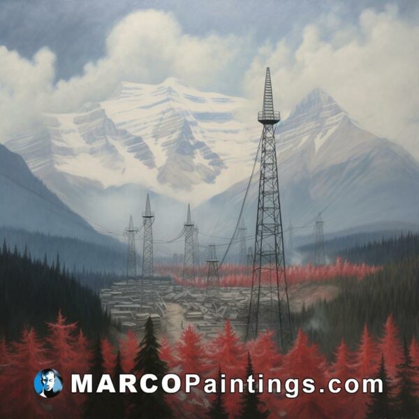 A painting of an expanse of trees in the mountains next to an old telephone tower