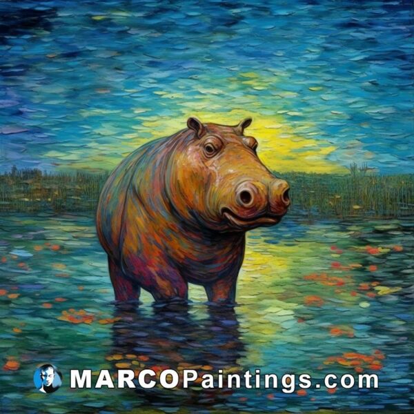 A painting of an hippo in the water at night