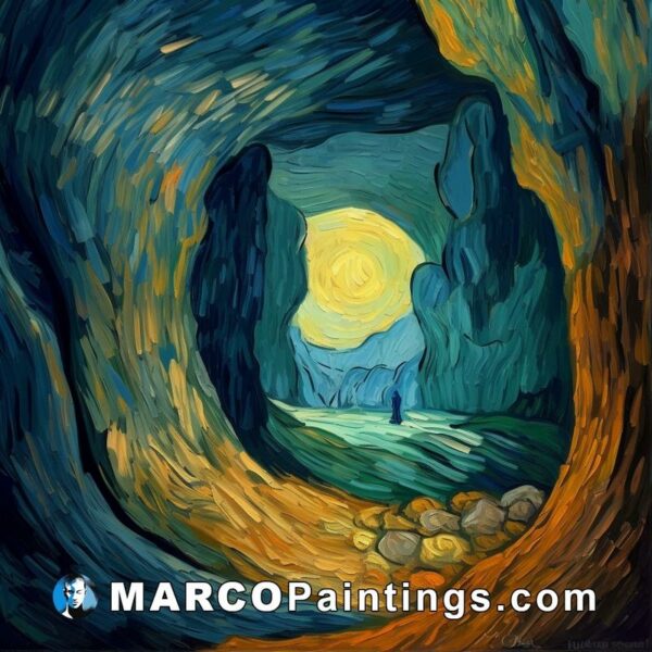 A painting of an image of a cave full of rocks and moon slit in the sky