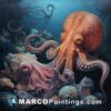 A painting of an octopus and other ocean creatures sucked up by a monster