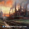 A painting of an oil refinery at dusk