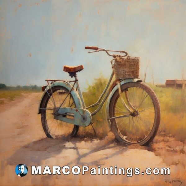 A painting of an old bike on a dirt road