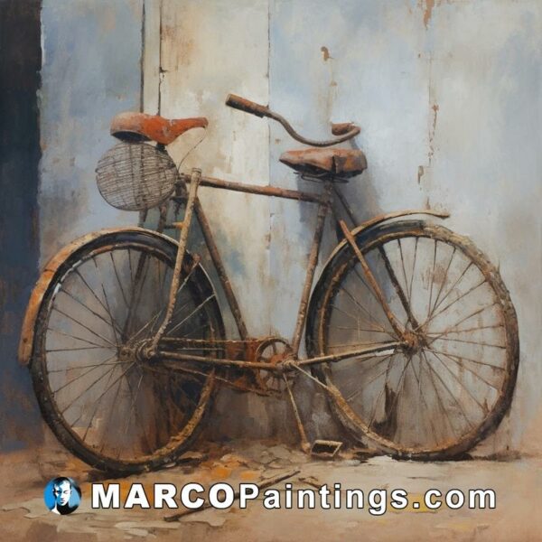 A painting of an old bike with some rust on it