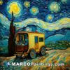 A painting of an old car in front of a starry sky