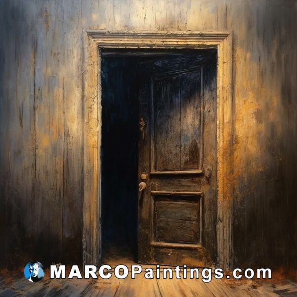 A painting of an old door with dirt on it