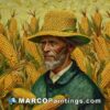 A painting of an old farmer in a corn field