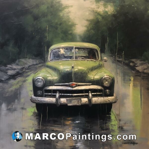 A painting of an old green car parked in the rain