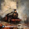 A painting of an old locomotive engine