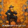 A painting of an old man in his beard sitting in autumn leaves
