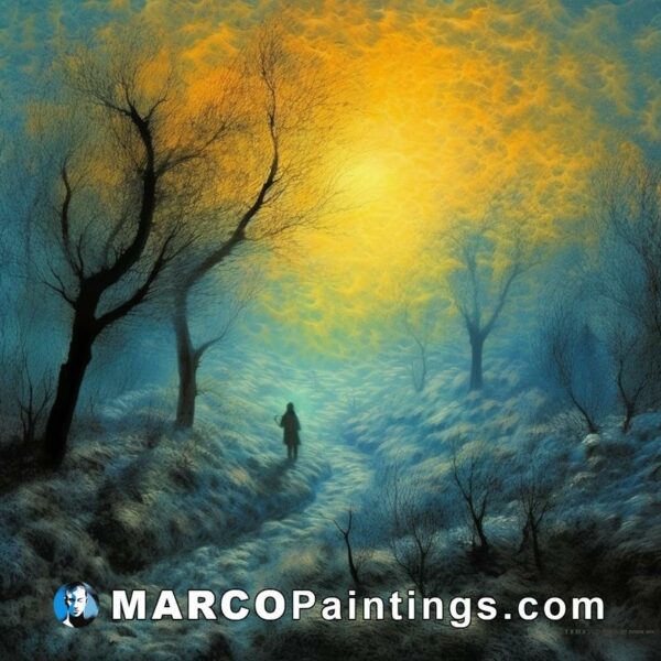 A painting of an old man walking behind trees at sunset