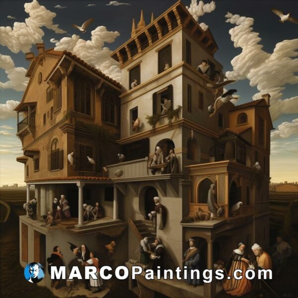 A painting of an old mansion with birds and people