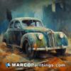 A painting of an old rusted car