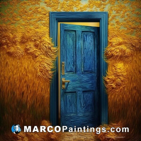 A painting of an open door in a yellow field