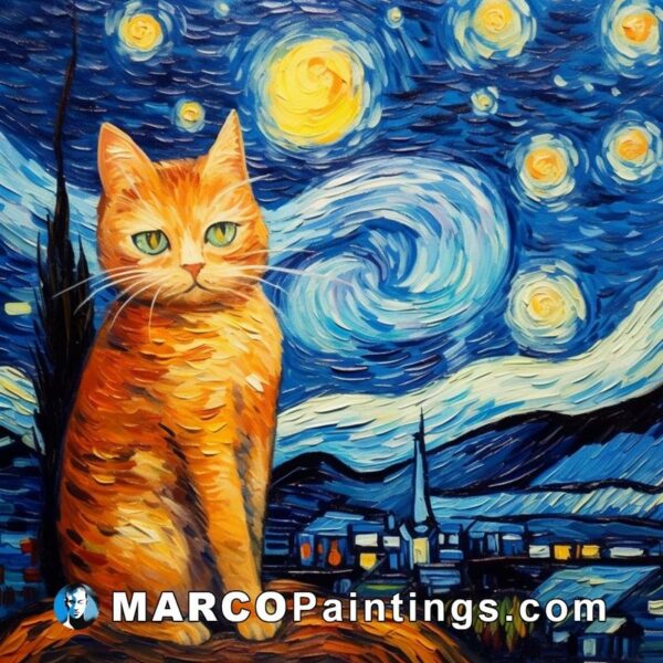 A painting of an orange cat sitting at the starry night