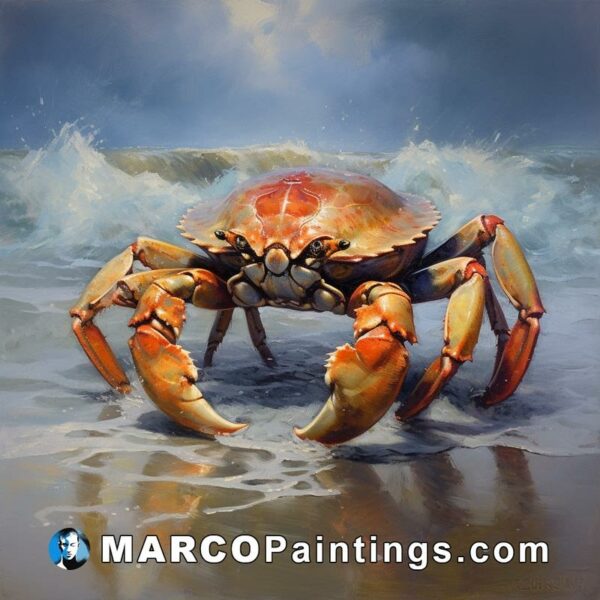 A painting of an orange crab at the beach