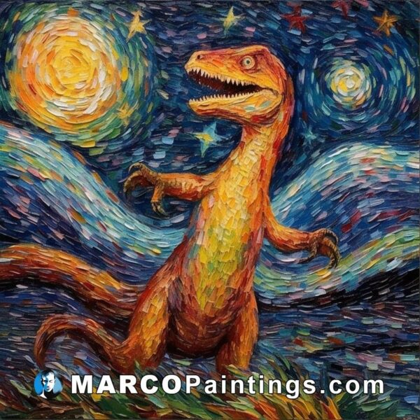 A painting of an orange dinosaur against a starry night