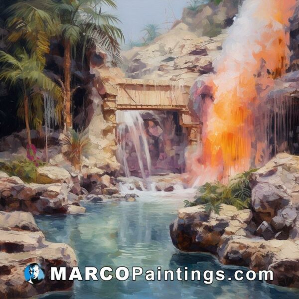 A painting of an orange fire from an exploding waterfall