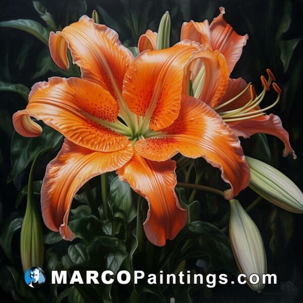 A painting of an orange lily in black background