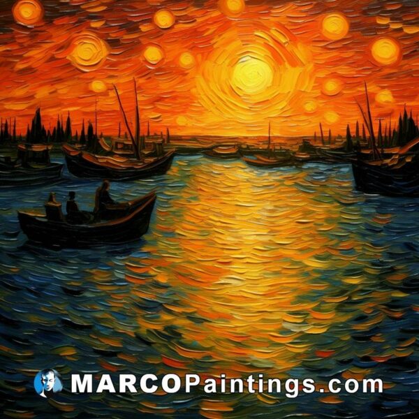 A painting of an orange starry sky with boats on it