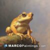 A painting of an orange toad sitting on a branch