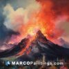 A painting of an orange volcano erupting in the mountains