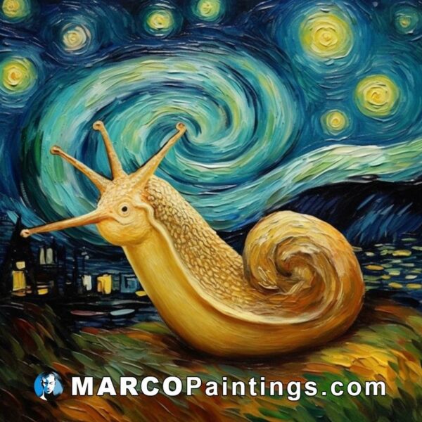 A painting of an snail with starry sky