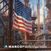 A painting of an us flag at an oil refinery
