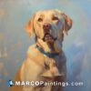 A painting of an yellow labrador wearing a blue collar