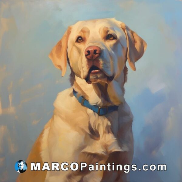 A painting of an yellow labrador wearing a blue collar
