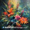 A painting of beautiful tropical flowers in a jungle