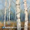 A painting of birch trees against a blue background