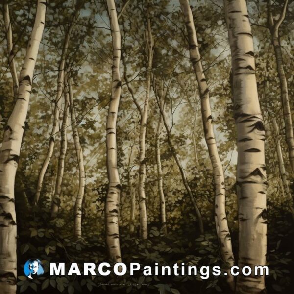 A painting of birch trees in the woods in sepia