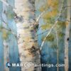A painting of birch trees on a blue background