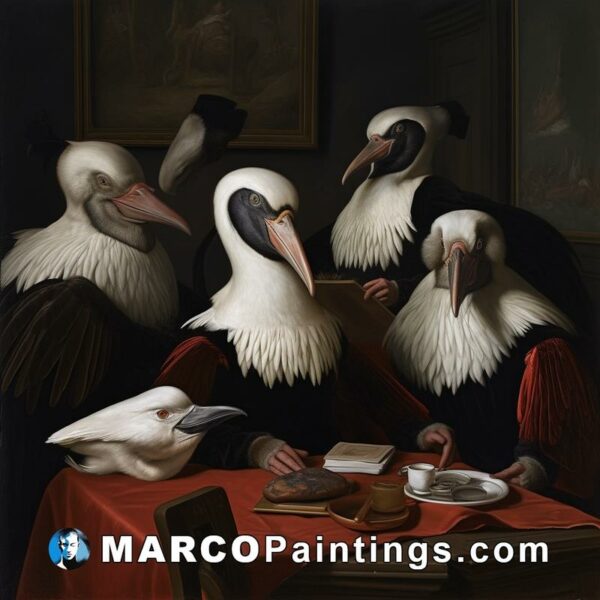 A painting of birds eating at a table