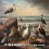 A painting of birds on the beach near the ocean