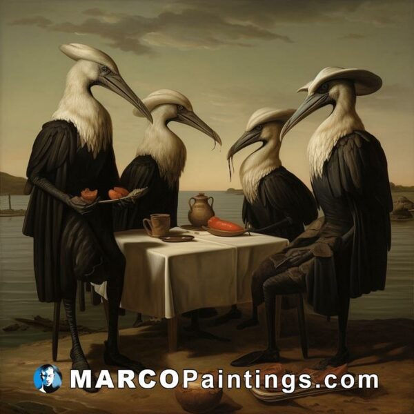 A painting of birds sitting together around a table