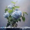 A painting of blue hydrangea flowers on a table