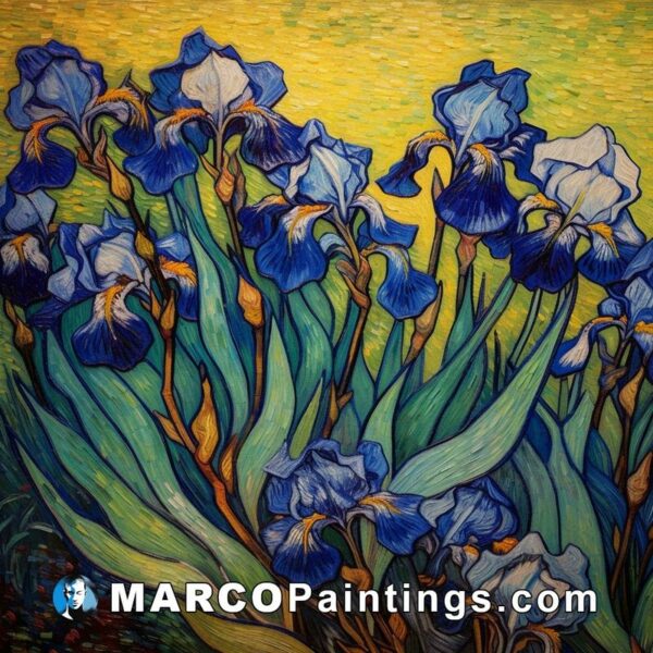 A painting of blue irises against a yellow background