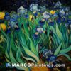 A painting of blue irises in the night