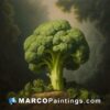 A painting of broccoli on top of a tree