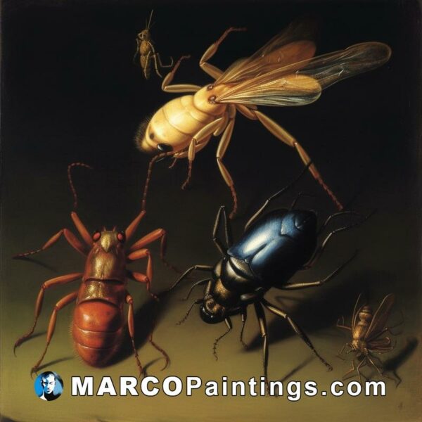 A painting of bugs in a dark background