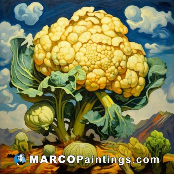 A painting of cauliflower in a field of colorful fields